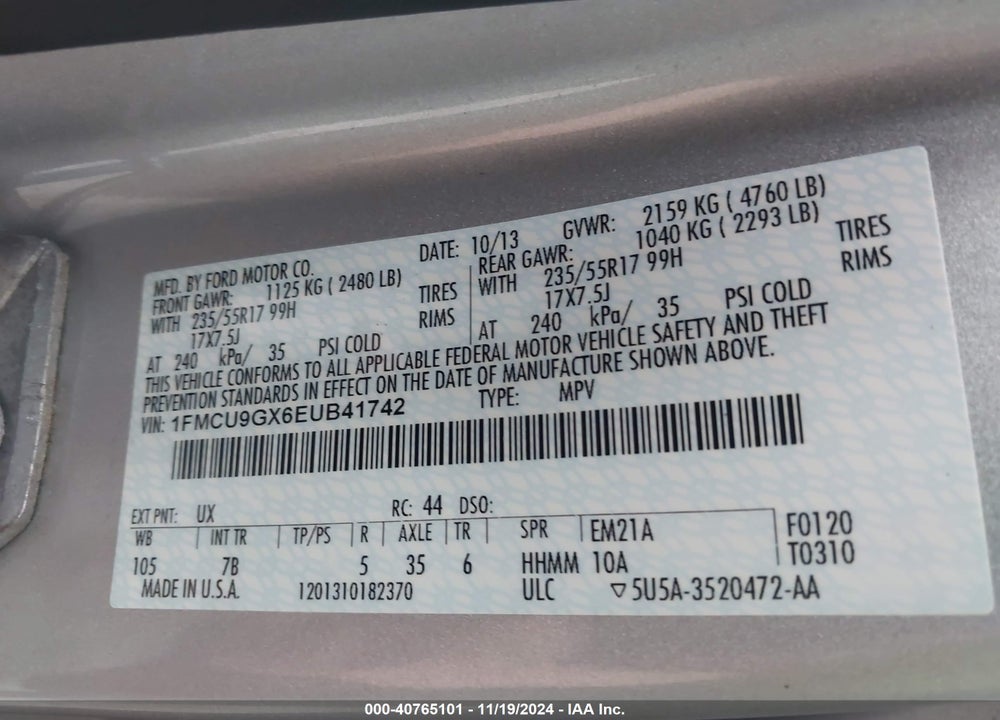 2014 FORD ESCAPE SE VIN: 1FMCU9GX6EUB41742