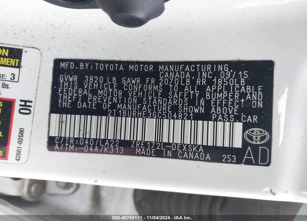 2016 TOYOTA COROLLA S PREMIUM VIN: 2T1BURHE3GC504821