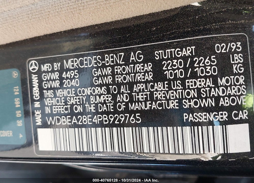 1993 MERCEDES-BENZ 300 E 2.8 VIN: WDBEA28E4PB929765