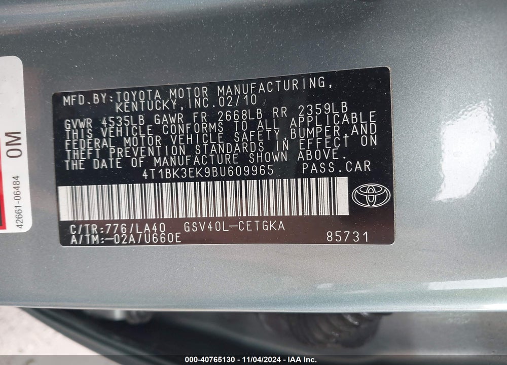 2011 TOYOTA CAMRY XLE V6 VIN: 4T1BK3EK9BU609965
