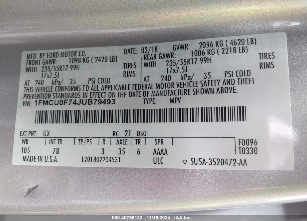 2018 FORD ESCAPE S VIN: 1FMCU0F74JUB79493