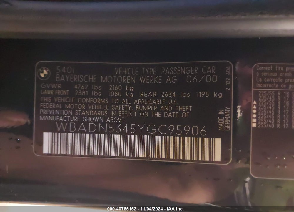2000 BMW 540I VIN: WBADN5345YGC95906
