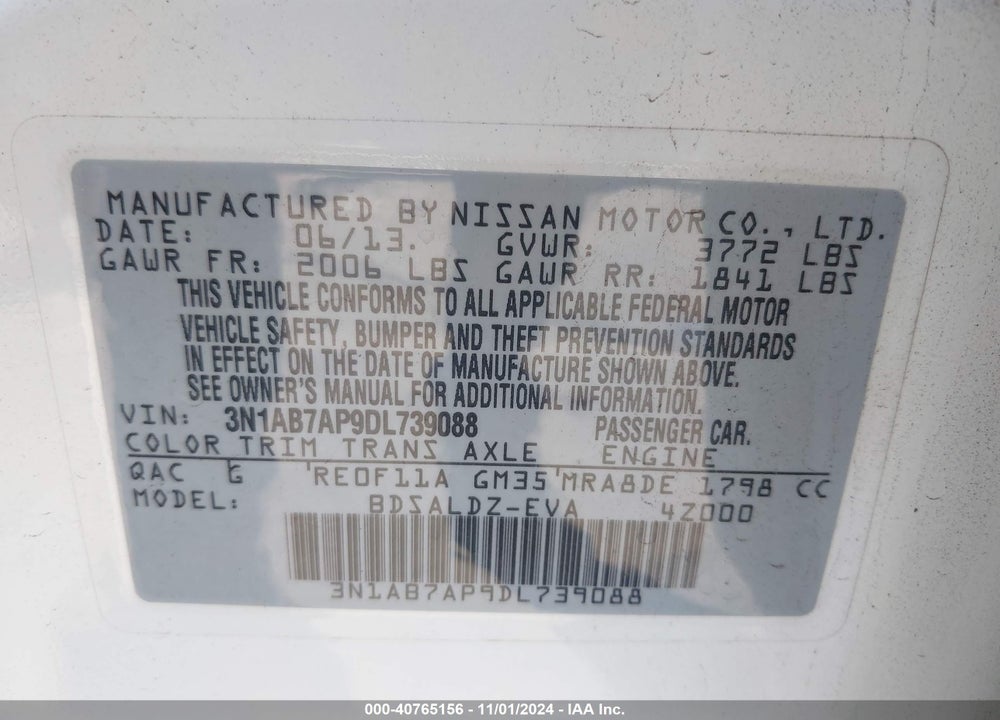 2013 NISSAN SENTRA SV VIN: 3N1AB7AP9DL739088