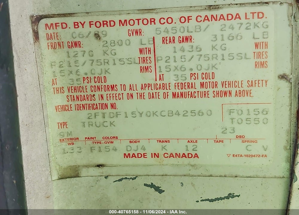 1989 FORD F150 VIN: 2FTDF15Y0KCB42560
