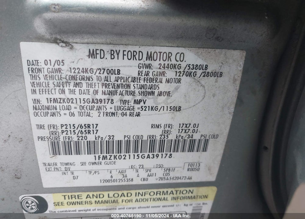 2005 FORD FREESTYLE SEL VIN: 1FMZK02115GA39178