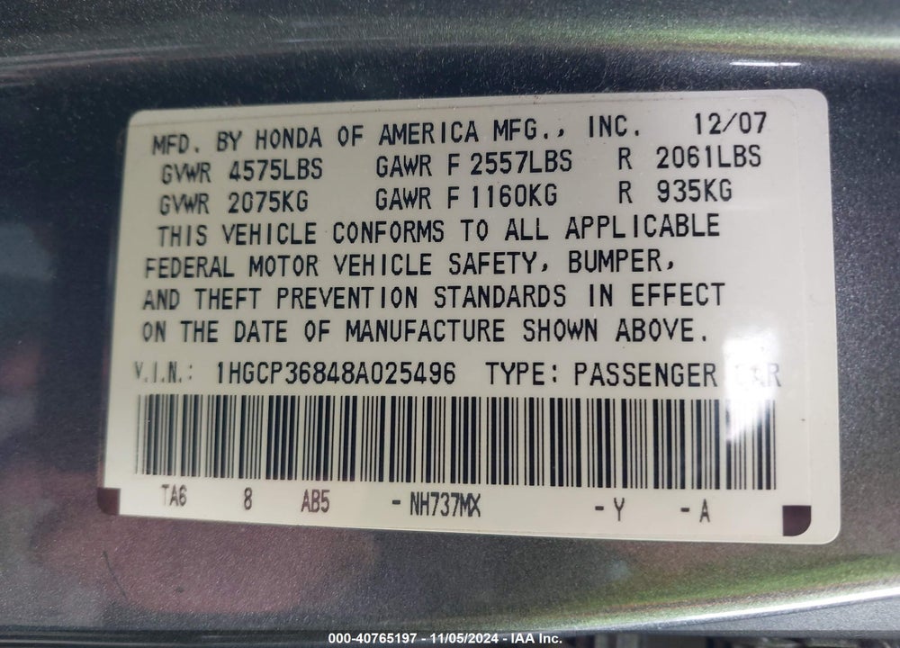 2008 HONDA ACCORD 3.5 EX-L VIN: 1HGCP36848A025496