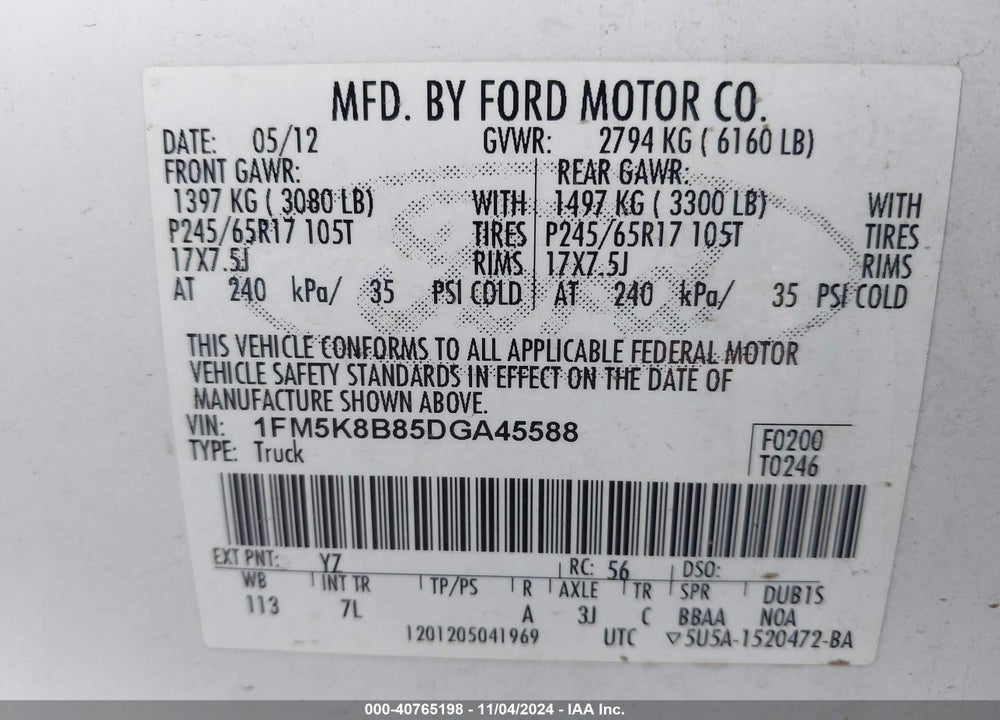 2013 FORD EXPLORER VIN: 1FM5K8B85DGA45588
