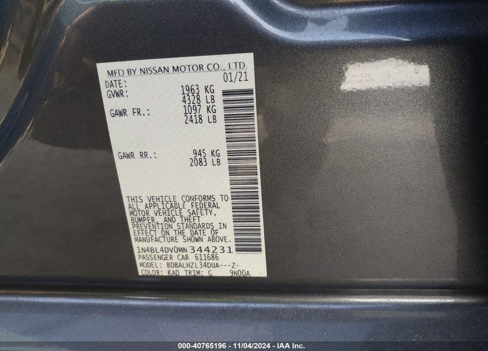 2021 NISSAN ALTIMA SV FWD VIN: 1N4BL4DV0MN344231