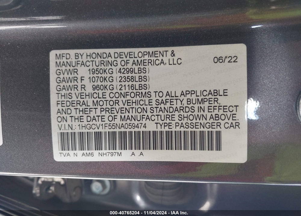 2022 HONDA ACCORD EX-L VIN: 1HGCV1F55NA059474