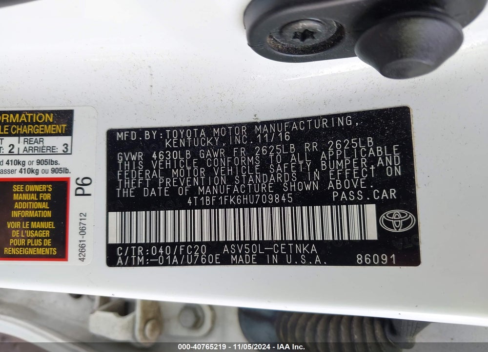 2017 TOYOTA CAMRY LE VIN: 4T1BF1FK6HU709845