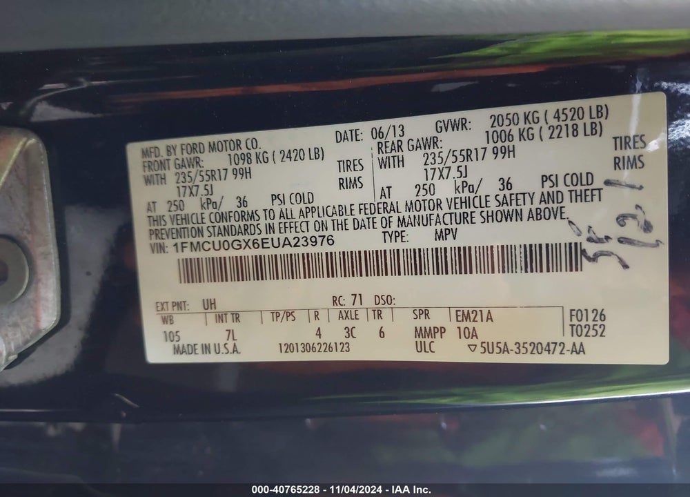 2014 FORD ESCAPE SE VIN: 1FMCU0GX6EUA23976