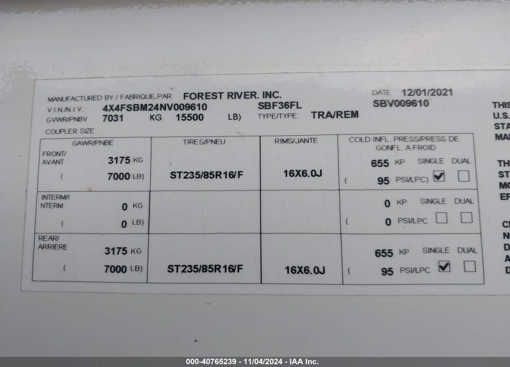 2022 SALEM OTHER VIN: 4X4FSBM24NV009610