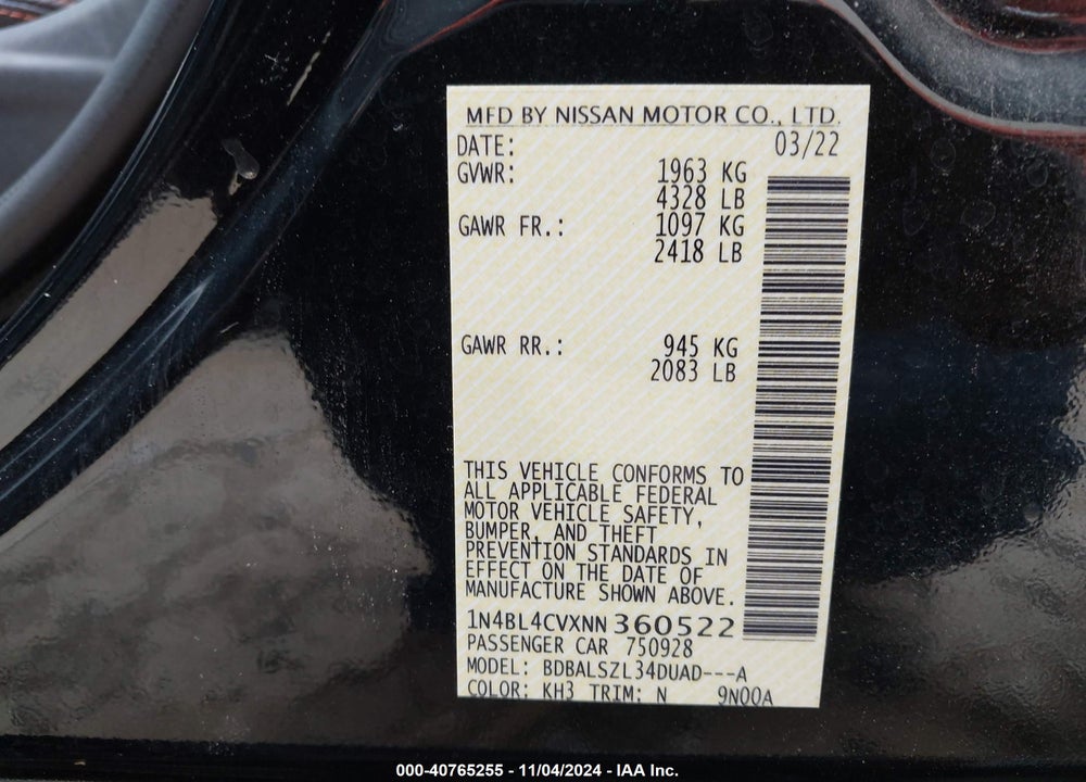2022 NISSAN ALTIMA SR FWD VIN: 1N4BL4CVXNN360522