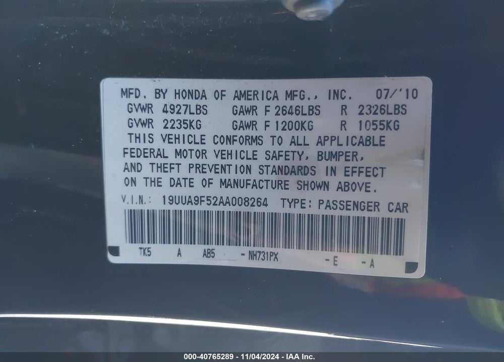 2010 ACURA TL 3.7 VIN: 19UUA9F52AA008264