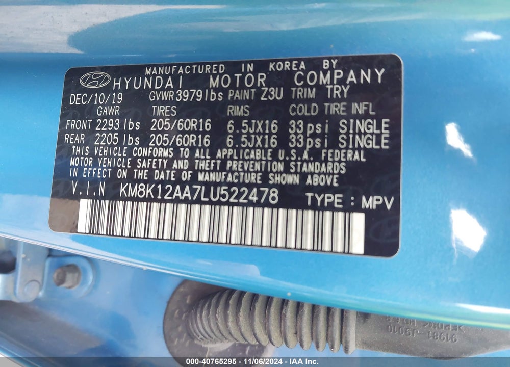 2020 HYUNDAI KONA SE VIN: KM8K12AA7LU522478