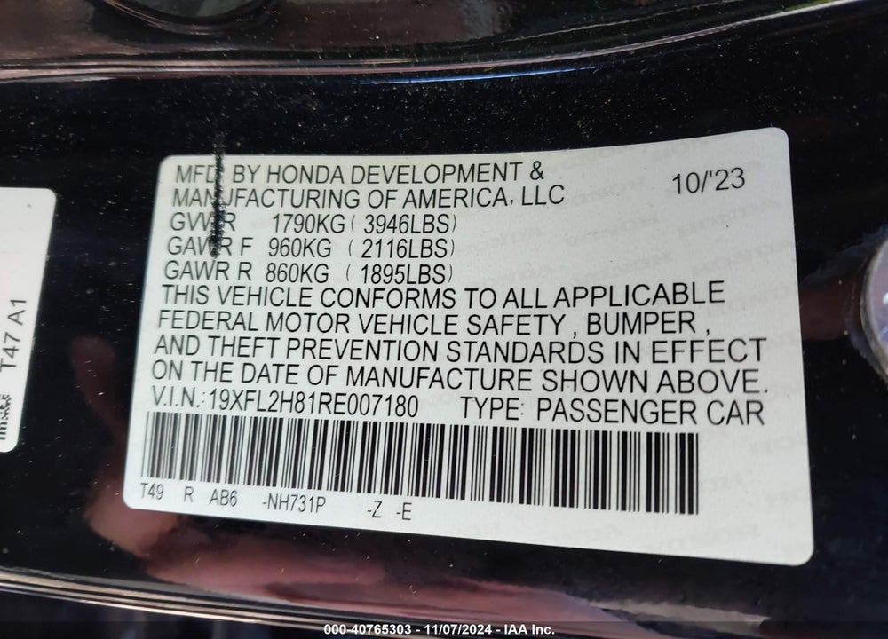 2024 HONDA CIVIC VIN: 19XFL2H81RE007180