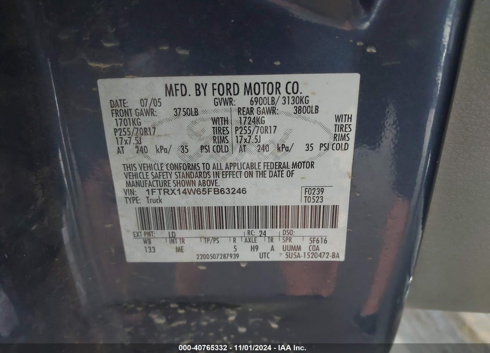 2005 FORD F-150 STX/XL/XLT VIN: 1FTRX14W65FB63246