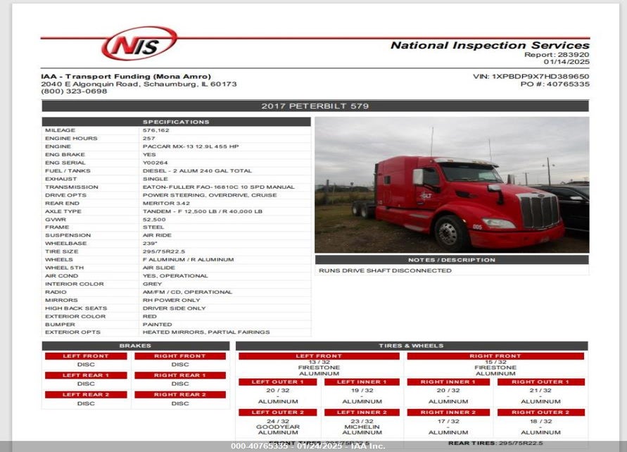 2017 PETERBILT 579 VIN: 1XPBDP9X7HD389650