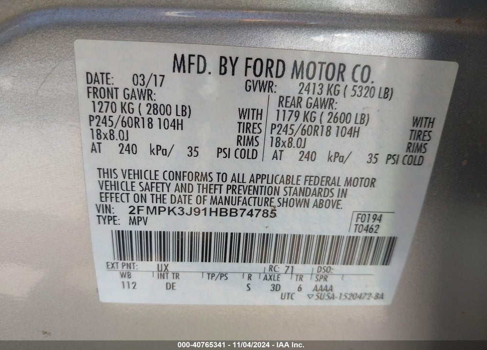 2017 FORD EDGE SEL VIN: 2FMPK3J91HBB74785