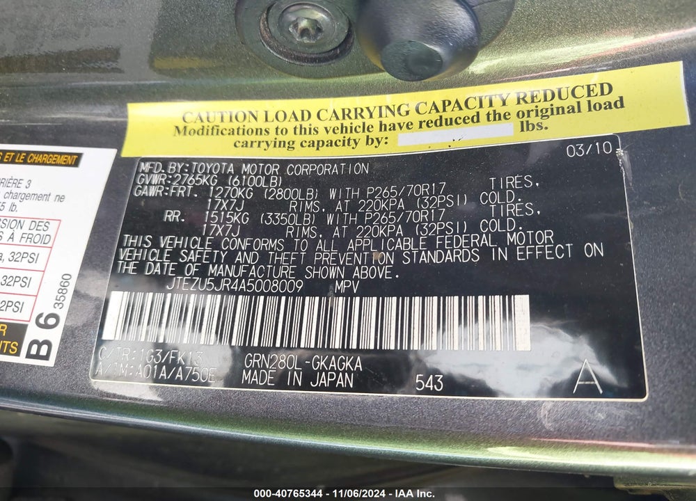2010 TOYOTA 4RUNNER SR5 V6 VIN: JTEZU5JR4A5008009