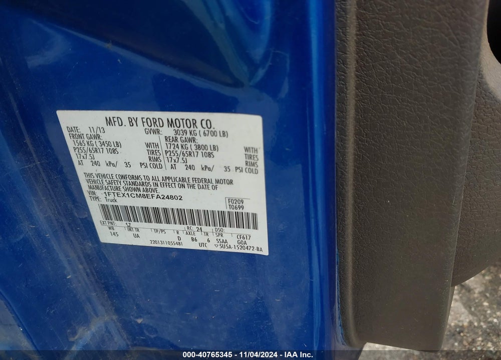 2014 FORD F-150 XLT VIN: 1FTEX1CM8EFA24802