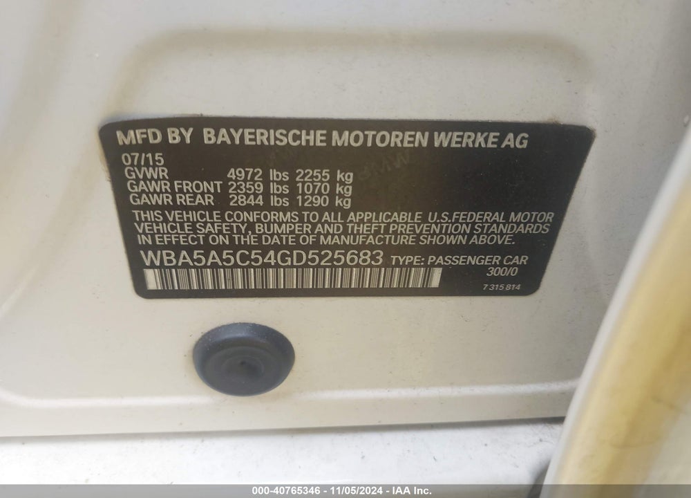2016 BMW 528I VIN: WBA5A5C54GD525683