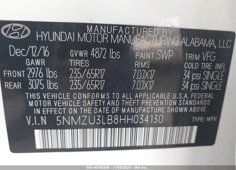 2017 HYUNDAI SANTA FE SPORT 2.4L VIN: 5NMZU3LB8HH034130