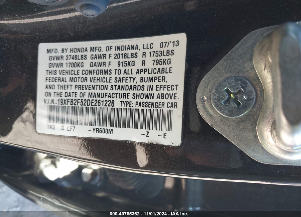 2013 HONDA CIVIC LX VIN: 19XFB2F52DE261226