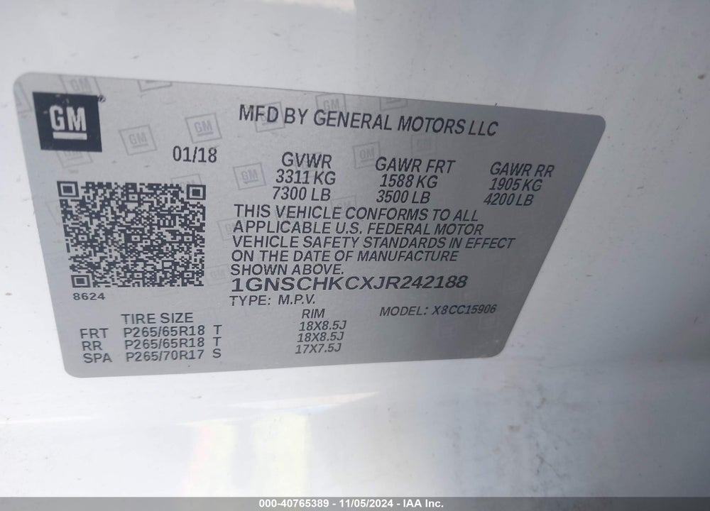 2018 CHEVROLET SUBURBAN LT VIN: 1GNSCHKCXJR242188