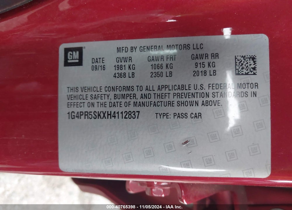 2017 BUICK VERANO SPORT TOURING VIN: 1G4PR5SKXH4112837