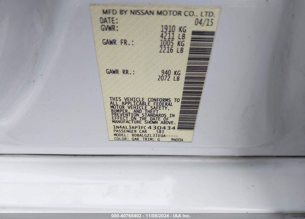 2015 NISSAN ALTIMA 2.5/2.5 S/2.5 SL/2.5 SV VIN: 1N4AL3AP3FC430434