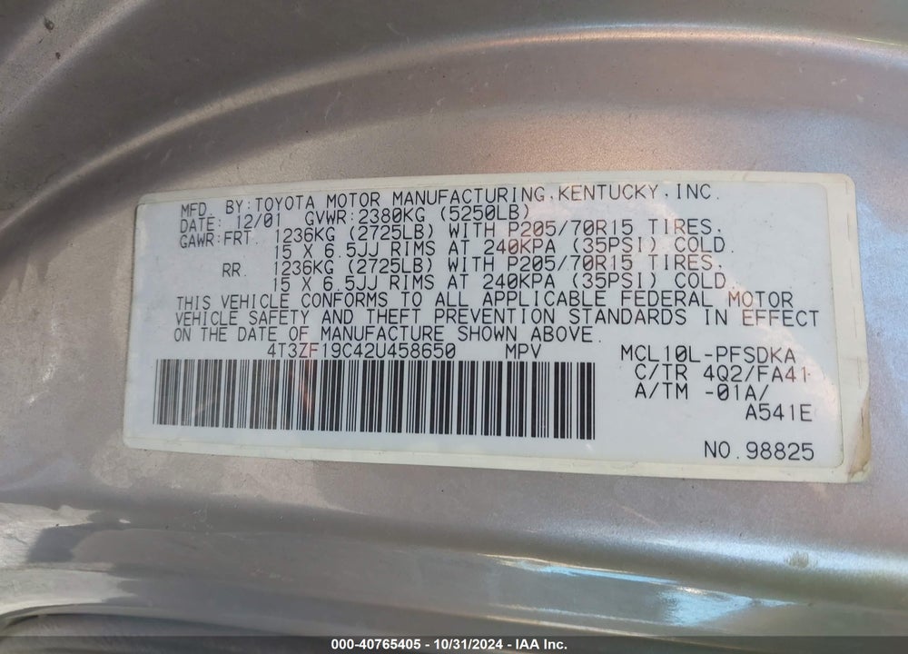 2002 TOYOTA SIENNA CE VIN: 4T3ZF19C42U458650