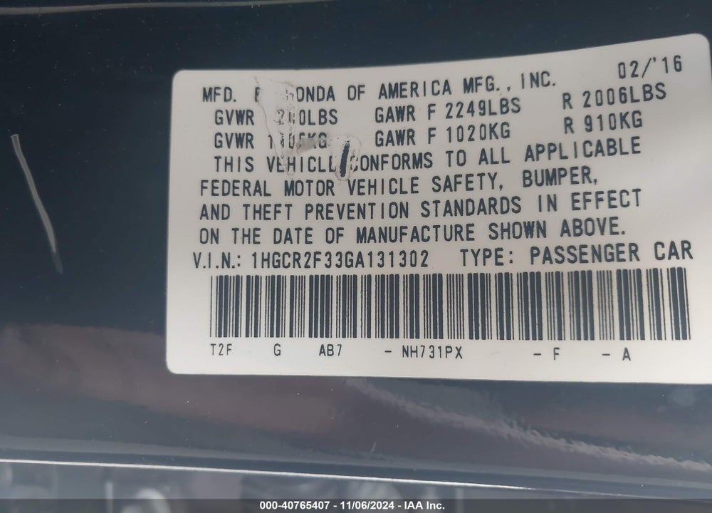 2016 HONDA ACCORD LX VIN: 1HGCR2F33GA131302
