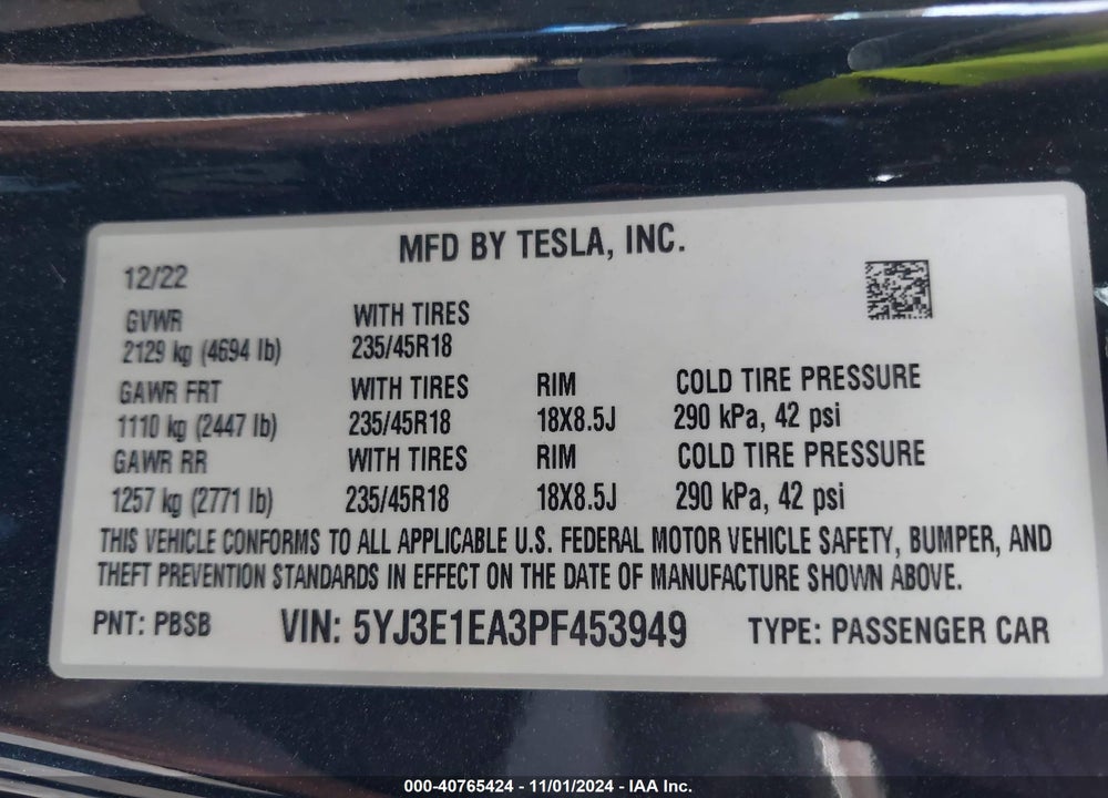 2023 TESLA MODEL 3 REAR-WHEEL DRIVE VIN: 5YJ3E1EA3PF453949