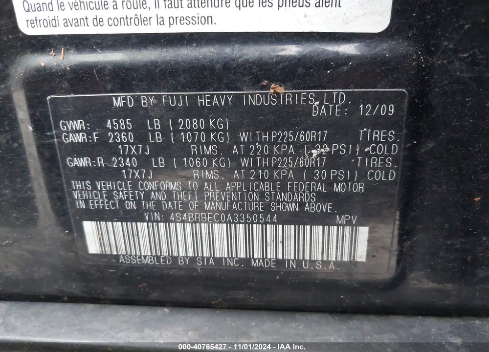 2010 SUBARU OUTBACK 2.5I PREMIUM VIN: 4S4BRBEC0A3350544