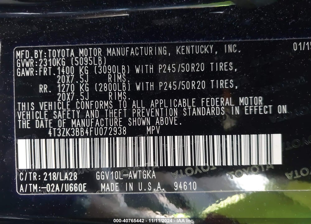 2015 TOYOTA VENZA VIN: 4T3ZK3BB4FU072938