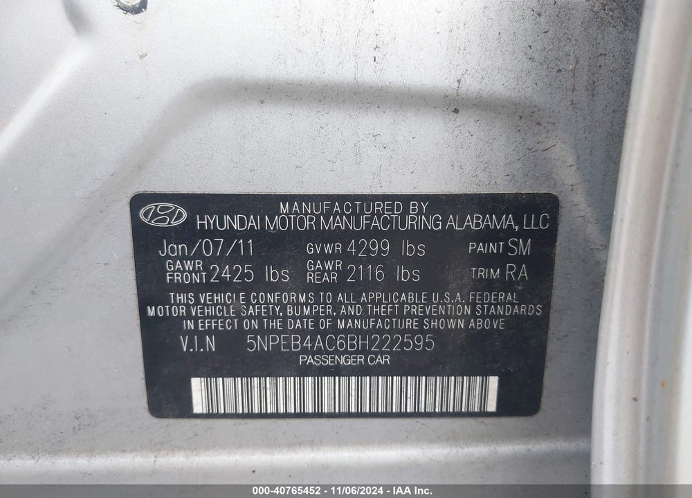 2011 HYUNDAI SONATA GLS VIN: 5NPEB4AC6BH222595