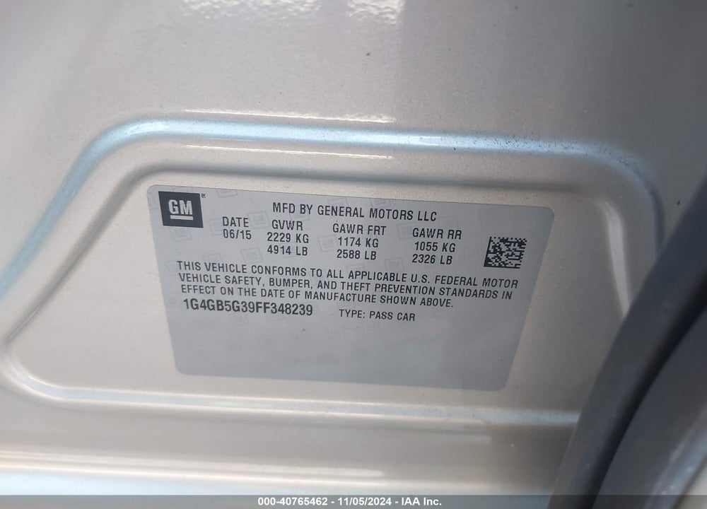 2015 BUICK LACROSSE LEATHER VIN: 1G4GB5G39FF348239