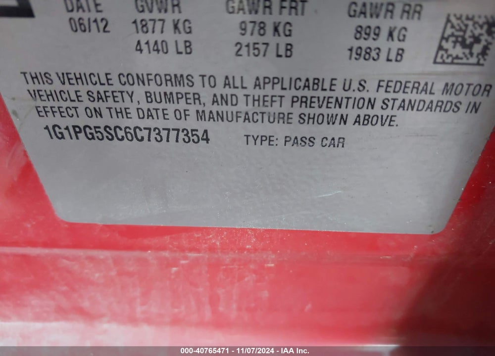 2012 CHEVROLET CRUZE 2LT VIN: 1G1PG5SC6C7377354