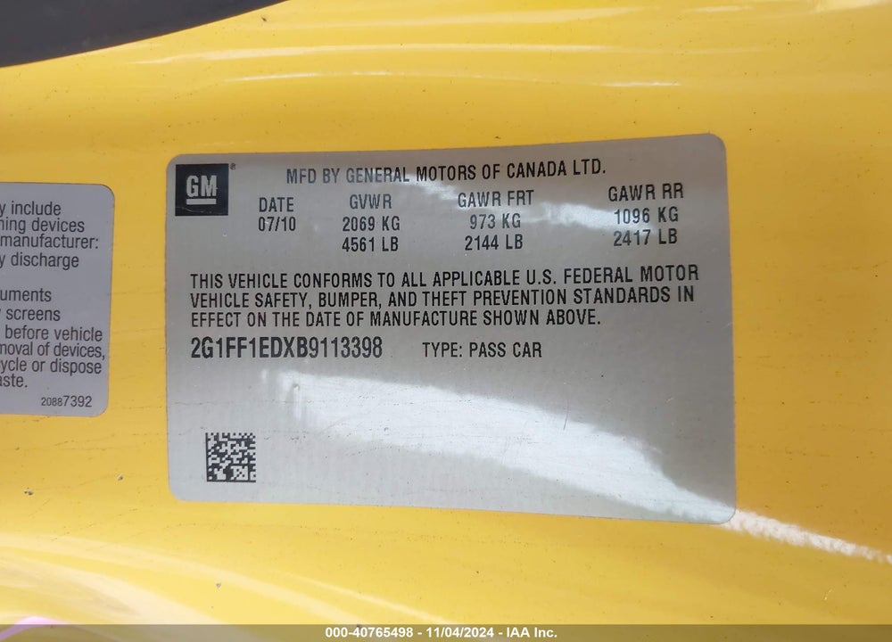 2011 CHEVROLET CAMARO 1LT VIN: 2G1FF1EDXB9113398