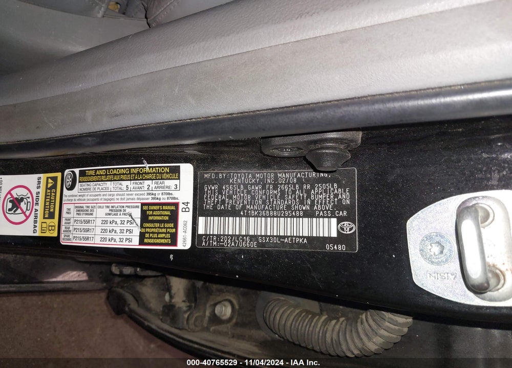 2008 TOYOTA AVALON LIMITED VIN: 4T1BK36B88U295488