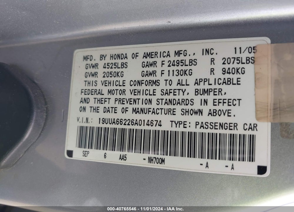 2006 ACURA TL VIN: 19UUA66226A014674