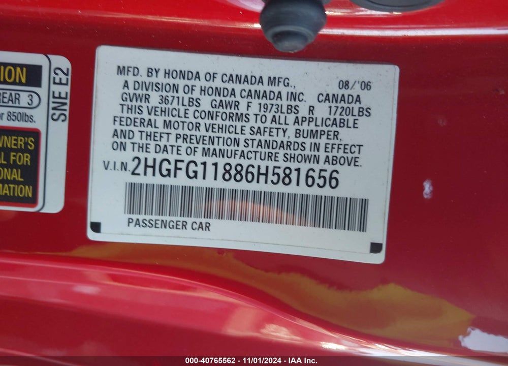 2006 HONDA CIVIC EX VIN: 2HGFG11886H581656