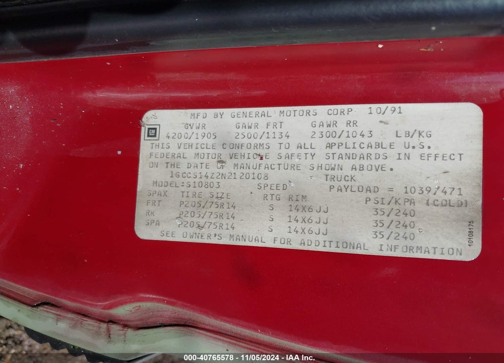 1992 CHEVROLET S TRUCK S10 VIN: 1GCCS14Z2N2120108