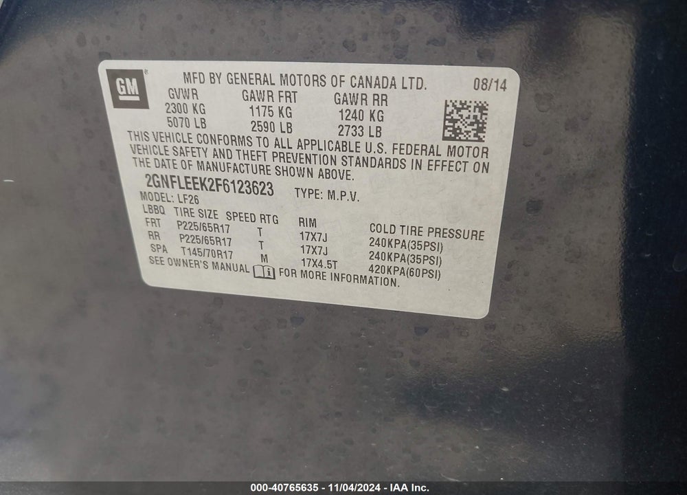 2015 CHEVROLET EQUINOX VIN: 2GNFLEEK2F6123623