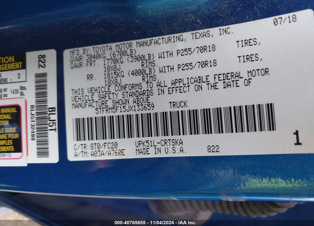 2018 TOYOTA TUNDRA SR5 4.6L V8 VIN: 5TFRM5F15JX133659