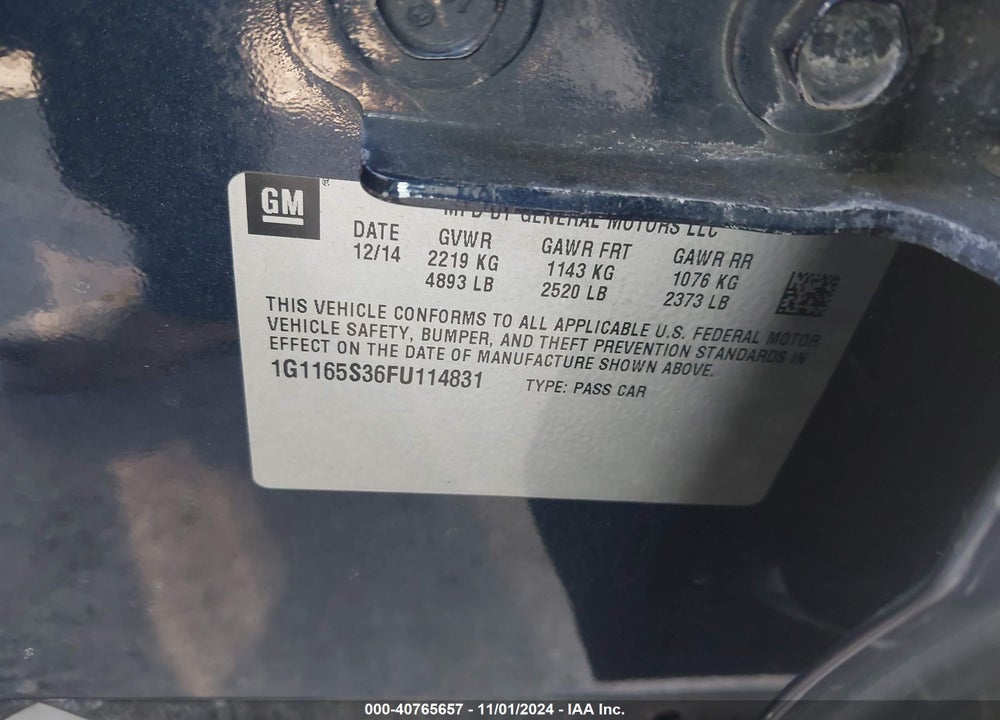 2015 CHEVROLET IMPALA 2LZ VIN: 1G1165S36FU114831