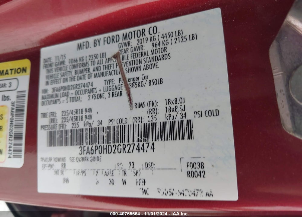 2016 FORD FUSION SE VIN: 3FA6P0HD2GR274474