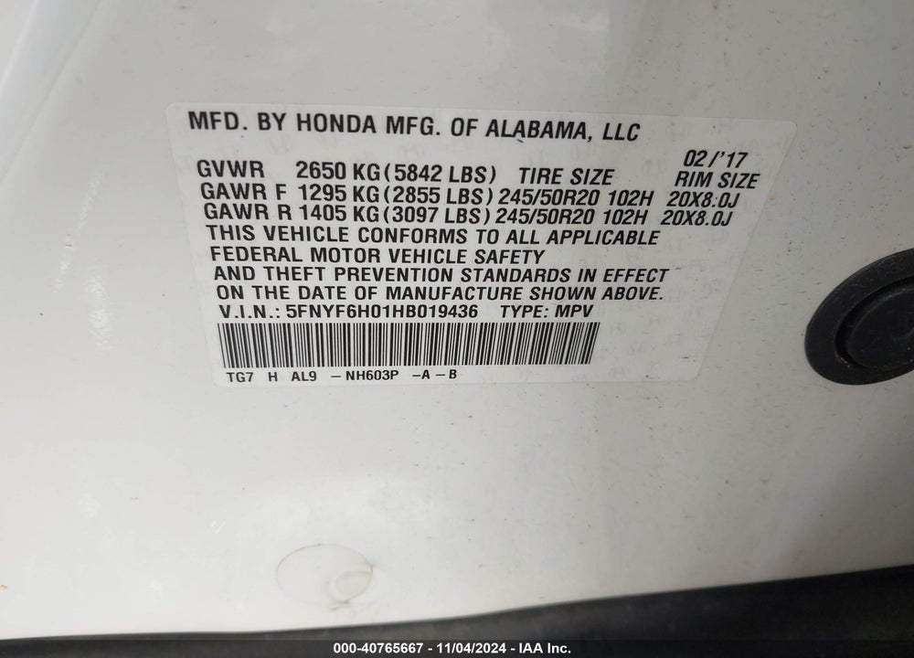 2017 HONDA PILOT ELITE VIN: 5FNYF6H01HB019436