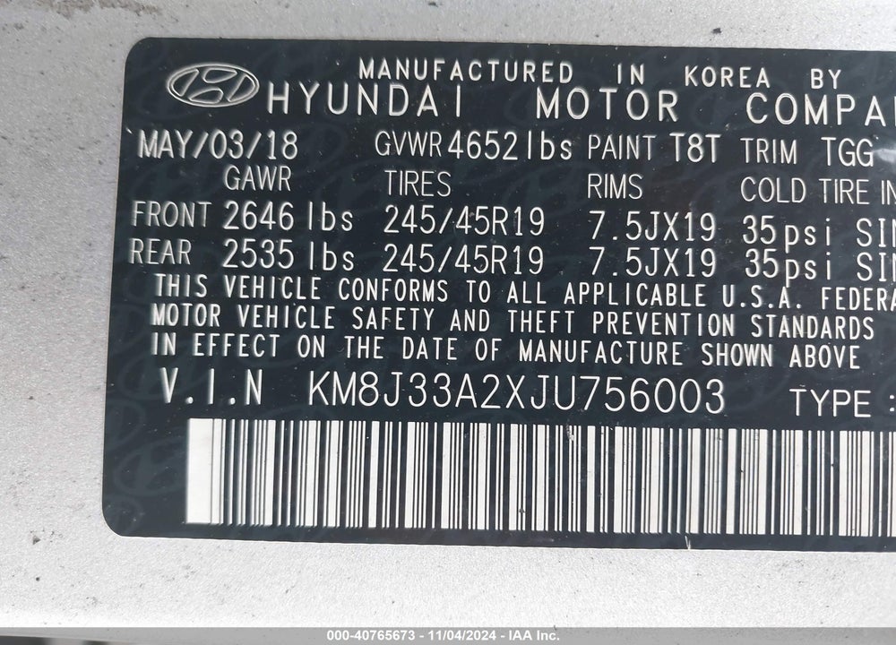 2018 HYUNDAI TUCSON VALUE VIN: KM8J33A2XJU756003